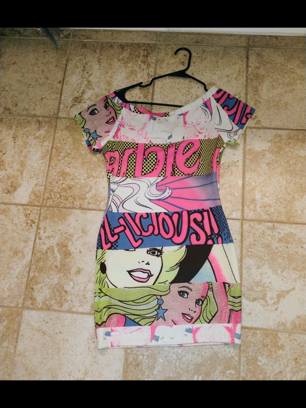 Barbie Graphic Off-Shoulder Kids Dress in Pink & Multicolor